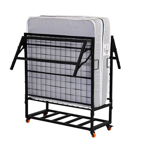 Image of Nilkamal Zoe Metal Folding Bed with 6 Inch Single Size Mattress | Space Saving Portable Rollaway Bed with Lockable Wheels| Ideal for Homes, Guest Rooms, Hostels and Dorms | Black