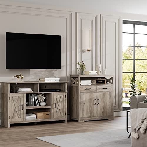 Hostack Modern Farmhouse Buffet Sideboard, Kitchen Storage Cabinet With Shelves And Doors, Wood Buffet Cabinet With Drawers, Coffee Bar, Floor Cabinet Cupboard For Dining Room, Ash Grey #TOP2