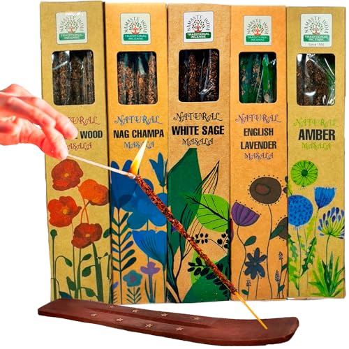 PROZENATUR Incienso Natural, Incienso Orgánico sin Tóxicos, Incluye: Salvia Blanca, Sándalo, Ámbar, Lavanda y Nag Champa (30Gramos),Inciensos Naturales, Hecho a Mano y Aromaterapia+Quemador(1)