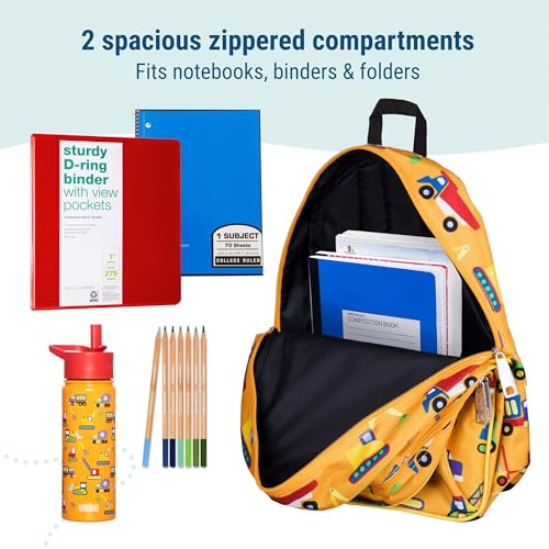 Image of Wildkin 15 Inch Backpack for Kids, Under Construction | Ages 5-10, padded straps, side water bottle pocket - coordinates with matching Wildkin lunch boxes and water bottles