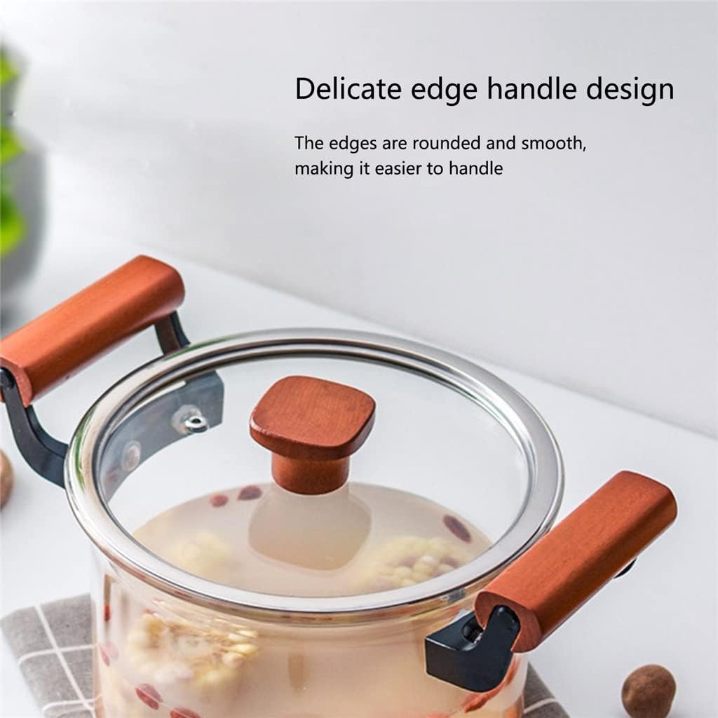Transparent Wooden Handle Glass Cooking Pot for Household Use Transparent Binaural Glass Pot with Glass Lid,