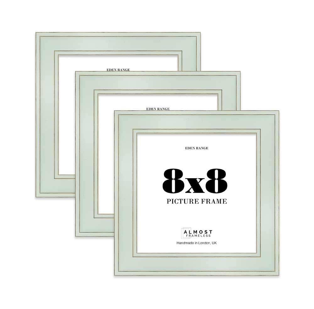 8x8 Sage Green Picture Frame - Shabby Chic Photo Frame with Distressed Finish, Gold Trim, Wall Hooks and Kickstand, 37mm Edge - 3 Pack