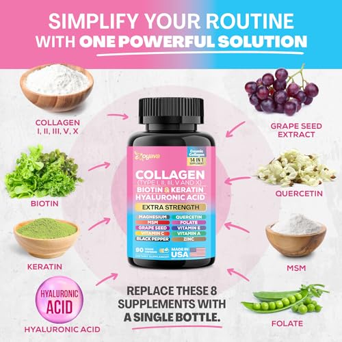 Zoyava Collagen Pills Peptides Types I, II, III, V & X MCG Biotin Keratin Hyaluronic Acid MSM Vitamin A Vitamin C Vitamin E Folic Acid Zinc Magnesium with Grape Seed Extract, Quercetin (90 Caps) - Image 5
