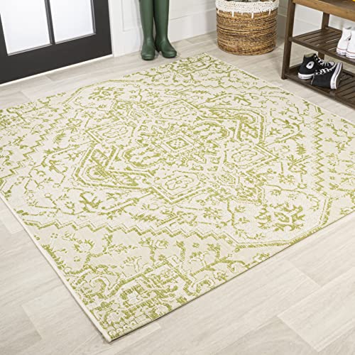 JONATHAN Y Boho Medallion Indoor Outdoor Square Area Rug 5X5 Cream/Green, Estrella Textured Weave for Backyard, Patio, Porch, Easy-Cleaning, High Traffic, Pet-Friendly, Non-Shedding (SMB105E-5SQ)