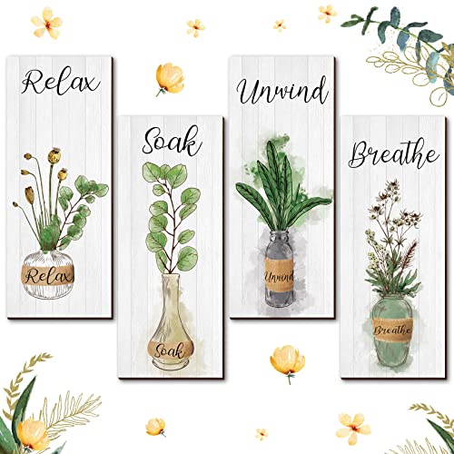 Gerrii 4 Pcs Boho Botanical Bathroom Wall Decor Relax Soak Unwind Breathe Bathroom Wall Art Farmhouse Wall Decor Minimalist Wooden Signs for Home Laundry Decor, 10 x 4 Inch (Eucalyptus Leaves)