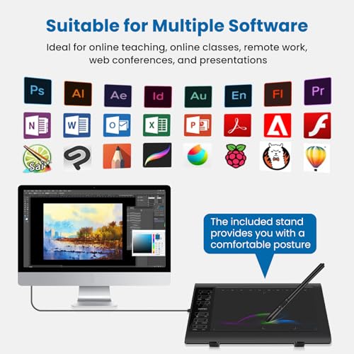 Image of Graphics Drawing Tablet 10 x 6 Inch Large Active Area Digital Graphic Tablet 8192 Levels Battery-Free Stylus with 12 Shortcut Keys & Multifunctional Adjustable Stand