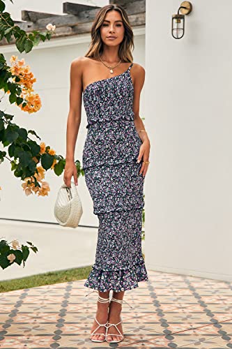Image of PRETTYGARDEN Women's Summer Midi Bodycon Dresses One Shoulder Strappy Tiered Ruffle Floral Boho Sun Dress