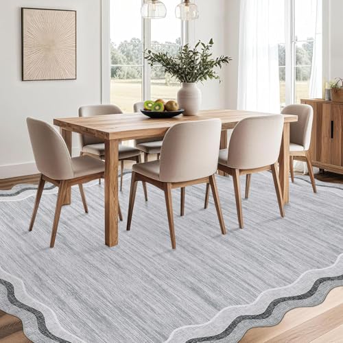 GarveeHome Scalloped Washable 5x7 Area Rugs for Living Room Modern Solid Rug for Bedroom Dining Room, Non Slip Scalloped Throw Rug with Rubber Backing, Soft Low Pile Dorm Nursery Carpet Grey 5x7