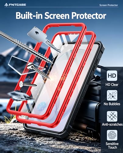 FNTCASE for Samsung Galaxy S26 Case: with [Built-in Screen Protector & Kickstand] [2 Front Frames] [Military-Grade Drop Protection] Heavy Duty Shockproof Rugged Case Full Body Protective Cover Red — view 5
