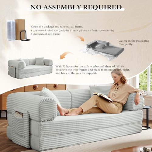 Image of Boneless Couch Futon Sofa Bed Sectional Couches for Living Room,Cloud Couch with Sleeper Sofa,Sofas for Living Room Oversized Corduroy Upholstered (Light Grey, 81 Inches (with Iron Frame))