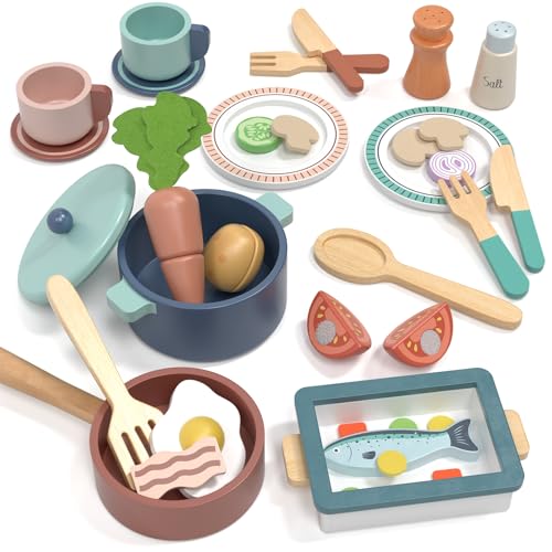 Lehoo Castle Accesorios Cocina Juguetes, Comida Madera Juguete, Comida Juguete Cocinita Ollas y Sartenes, Cocinita de Madera Infantil, Juguetes Montessori 2 3 4 Año