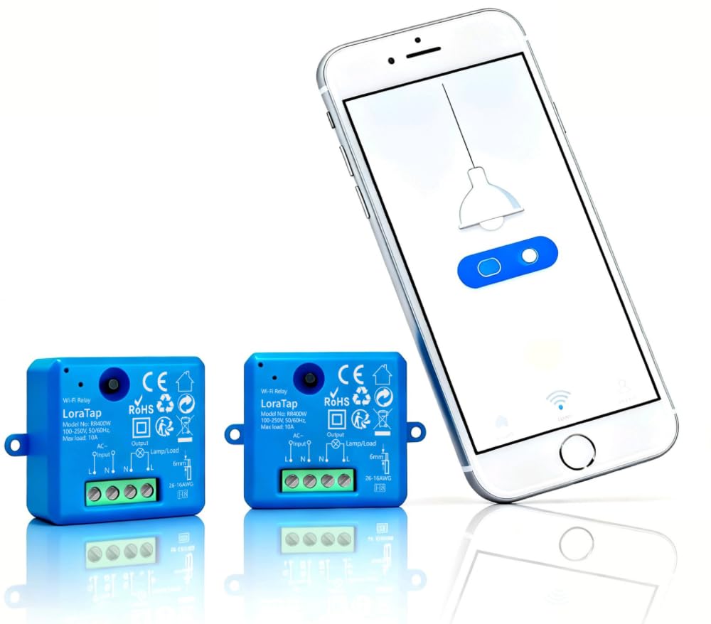 LoraTap 2 Piezas Interruptor WiFi Inteligente Módulo de Interruptor Inalámbrico Temporizador Control Remoto por App iOS o Android, Compatible con Alexa Echo e Google Assistant, 10A/2500W