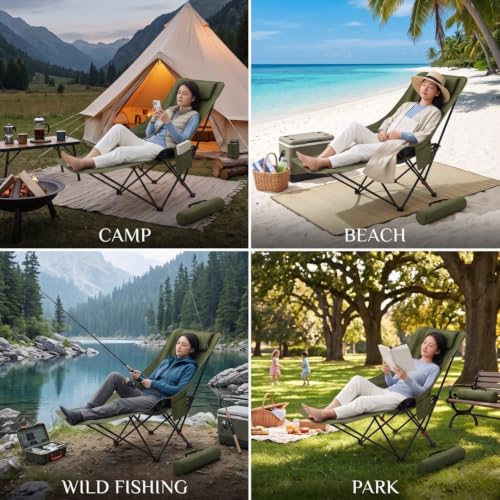 Image of Folding Reclining Lounge Chair with Adjustable Backrest, Metal Frame & Fabric Seat | Portable Outdoor Camping Chair with Carry Bag for Patio, Garden & Travel