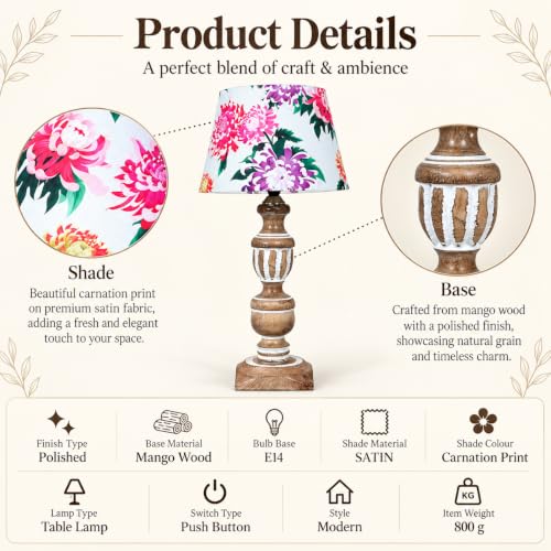 Image of tu casa Wooden Table Lamp | Premium Floral Satin Shade | Solid Wooden Base | Modern Home Decor | Ambient Bedside Lighting | Bedroom, Living Room, Study Table, Office & Festival Gifting