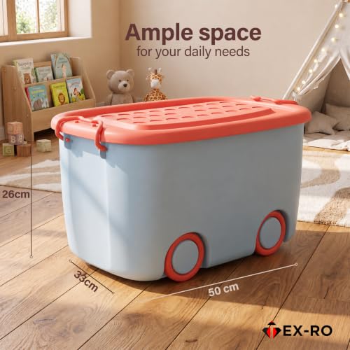 Image of TEX-RO Toy Storage Box with Lid and Wheels for Kids | Large Stackable Plastic Storage Box & Organiser | Big Toy Organizer for Kids Room | Movable Toy Box for Boys & Girls Bedroom (50x33x26cm)