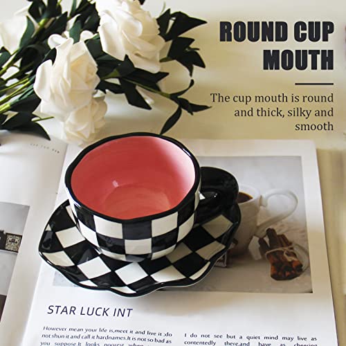 Porcelain Cappuccino Cups With Saucers, Hand Painted Checkerboard Coffee Cup With Saucer, Ceramic Coffee Mug, For Office And Home, Dishwasher And Microwave Safe Latte Tea Milk-7Oz ( Color : Pink ) #TOP4