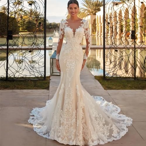 Modest Mermaid Wedding for Bride 2025 Lace Appliques Tulle Long Beach Boho Bridal Wedding Gowns for Bride4