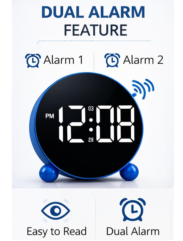 Image of Zollyss Digital Table Clock for Study Table | Blue | Round LED Display with Double Bell | Digital Alarm Clock with 3 Brightness Levels | for Bedroom or Office