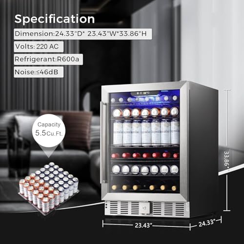 Image of LEONARD USA 155 L Inverter Built-in Wine Chiller, Wine Cooler, Under Counter, Touch Control, Toughened Glass Door with UV-Protection, LED Interior Light with Safety Lock for Home, Bar & Office