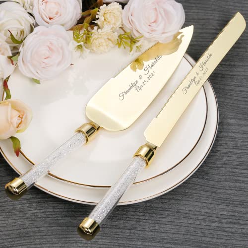 Personalized Wedding Cake Knife And Server Set, Engraved Crystal Cake Cutting Set, Elegant Cake Cutter Set, Pie Server Pizza Knife Gift For Bridal Couples Shower Quinceañera (White Crystal Gold) #TOP11
