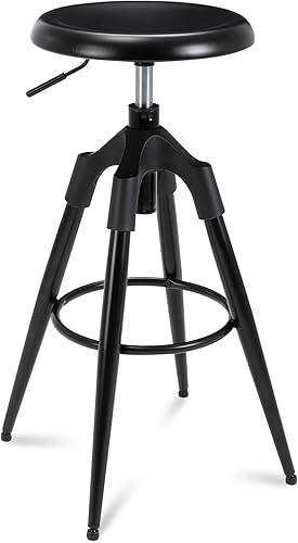 Brage Living Taburete de bar industrial ajustable de 29 a 32.5 pulgadas, taburete de bar giratorio redondo de metal con patas, silla de bar de Negro