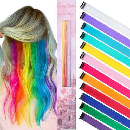 Image of WENNALIFE 12 PCS Rainbow Hair Extensions Clip in, Colored Clip in Hair Extensions for Kids Highlights Rainbow Hair Clips for Girls Synthetic Straight Pop-up Style Colorful Girls Hair Accessories