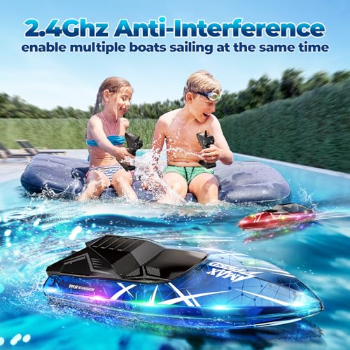 Remote Control Boat for Kids, 2Pack RC Boats with LED Lights for Pools Lakes River & Bathtub, 2.4Ghz Control, Whole Body Waterproof, 2 Rechargeable Batteries Summer Water Toys - Image 3