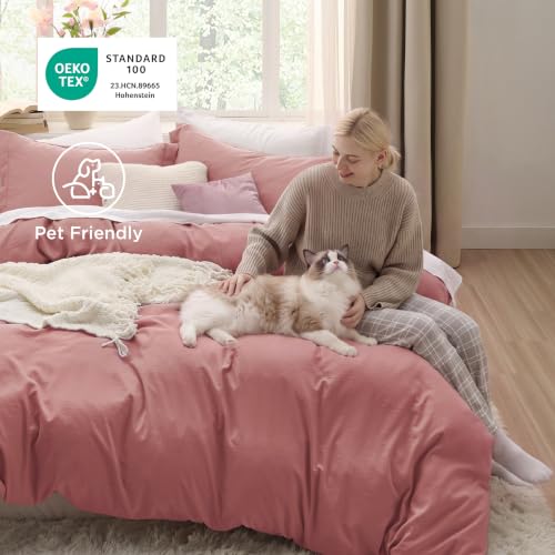 Image of Bedsure Prewashed Duvet Cover Queen, Cotton-Like Bedding Set, Pink Clay | Ultra Soft, Relaxed Texture, 90 inchx90 inch Breathable Comfort, Hidden Zipper, 8 Corner Ties, Easy Care, OEKO-TEX, Year-Round Use