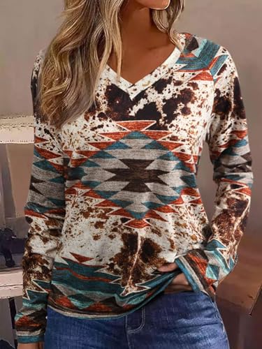 Women's Aztec Cow Western Long Sleeve Tshirts Casual V Neck Ethnic Style Novelty Blouse Fall Pullover Tops3