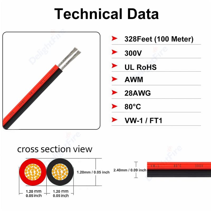 cable eléctrico Cables eléctricos UL2468 de 2 pines, 28/26/24/22/20/18 AWG, Cable de cinta plana rojo y negro, Cable de altavoz para Audio LED de coche, conector JST de 12V ( Color : Gold sliver , Siz