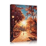 秋の夕焼けキャンバスウォールアートパークストリート歩行者シルエット絵画キャンバスプリント自然アートワークリビングルームベッドルーム壁装飾70x90cmインナーフレーム