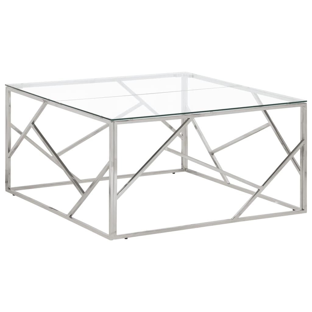 Table basse carrée 100x100 cm en acier inoxydable argenté et verre trempé
