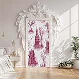 Sticker Porte Toile de Jouy Rouge, Papier Peint Château Forêt Chauve souris, Autocollant Porte Auto adhésif Amovibles, Pour Salon Chambre Décoration De La Maison 73 x 205 cm