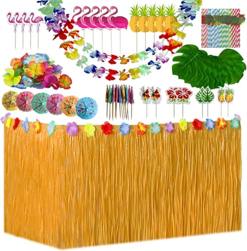 156 Pièces Hawaïenne Luau Table Jupe Set de Décoration, Decoration Anniversaire Tropical, Feuilles de Palmier, Fleurs Hawaïennes été Anniversaire...