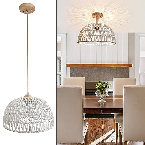 Suspension Luminaire Rotin Blanc, Lampe Suspendue Vintage Boho avec 2 Lamp Bases E27 Lustre de Table à Manger Rétro Tressé Abat-Jour Plafonnier Pour Chambre...