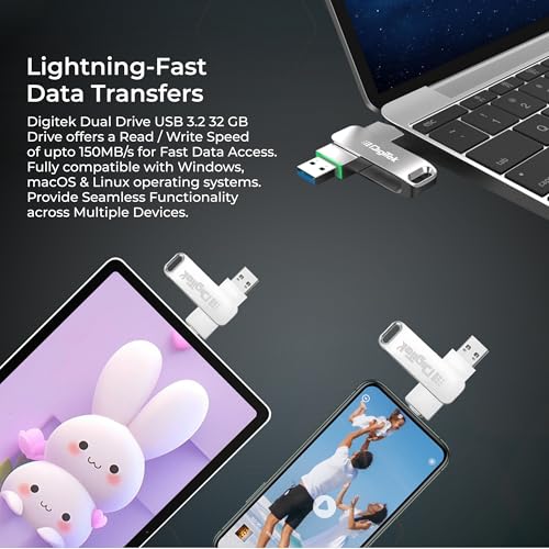 Image of Digitek (DDUD 32G V3.0) Metal Body 32GB Storage 3.0V Dual Drive Flash Drive, USB-A & Type-C, Pen Drive, Magnetic, X-Ray & Temperature Resistant, Use with Smartphones, Tablets, Macs & USB-A Computers