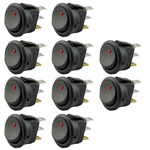 Vococal - 10 Piezas 3 Pines 12V 20A SPST Boton de On-Off Interruptor de Balancín Redondo/Interruptor de Barco con indicador LED (Rojo)