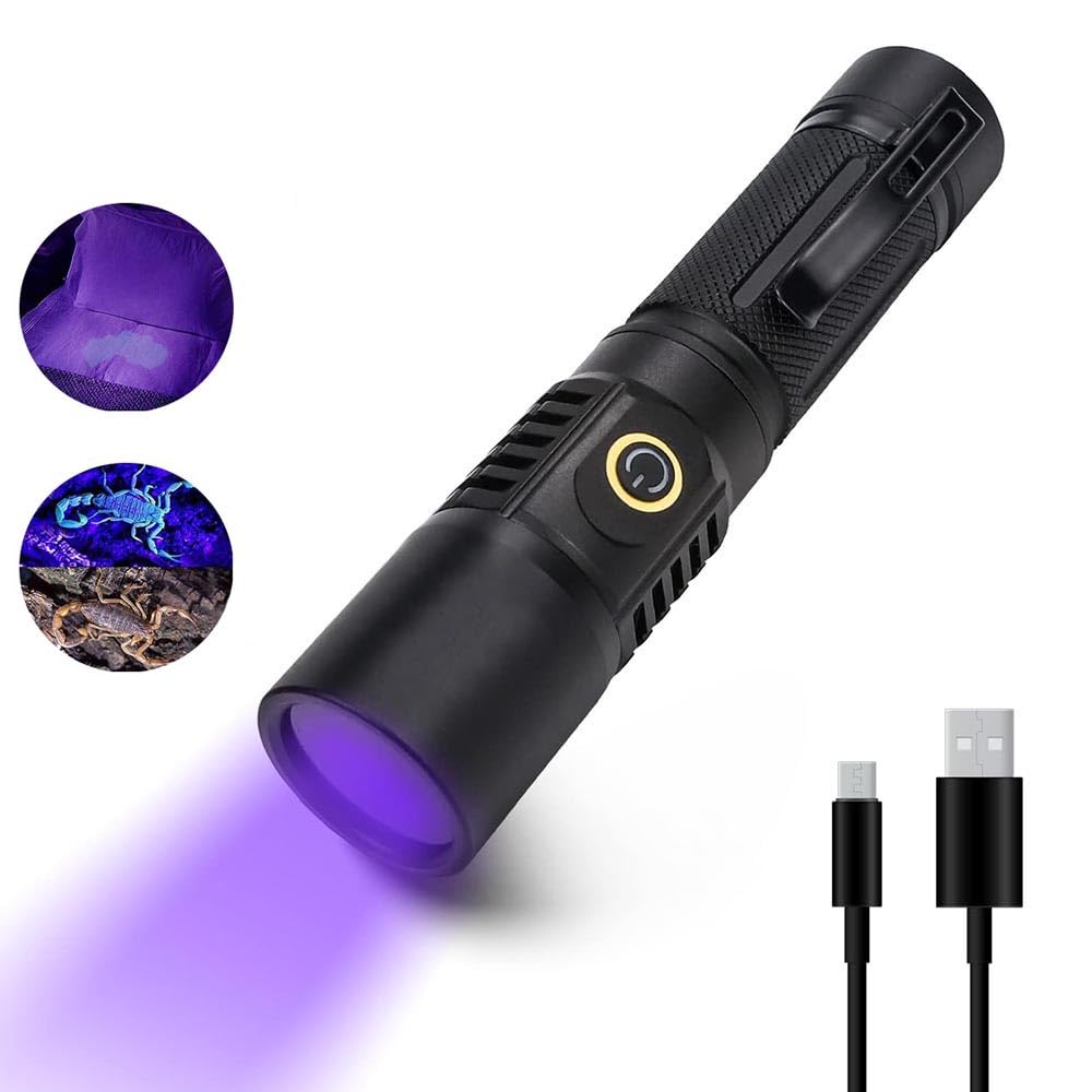 X spring UV Flashlight Black Light, 365nm UV Blacklight Flashlight, Handheld USB Rechargeable Flashlights, UV Light Flashlight for Bed Bugs, Scorpions Hunting, Dry Stains, Resin Curing (Black)