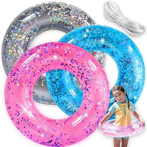 Pool Floats Kids 3 Pack, Inflatable Swim Rings for Kids Pool Tubes Toys, Pool Floats Ring Toys, Summer Beach Swimming Pool Floats Party Supplies + Patch&Tow Rope