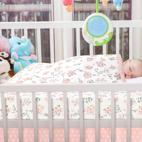 Image of Hahafelt 3 Pcs Pink Floral Baby Crib Bedding Set for Girls, Flower Baby Crib Sets for Newborn, Infant Toddler Nursery Bed Set Decor with Fitted Sheet, Dust Ruffle, Comforter