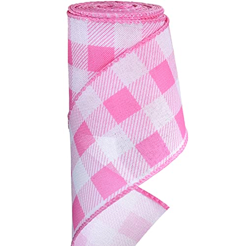 TONIFUL 2.5 Inch Pink Plaid Check Burlap Wired Ribbon, Summer Spring Easter Ribbon for Gift Wrapping, Wreath Bows Making, Crafts, Birthday, Baby Shower， Home Decoration, Easter Decor（Pink，6yds）