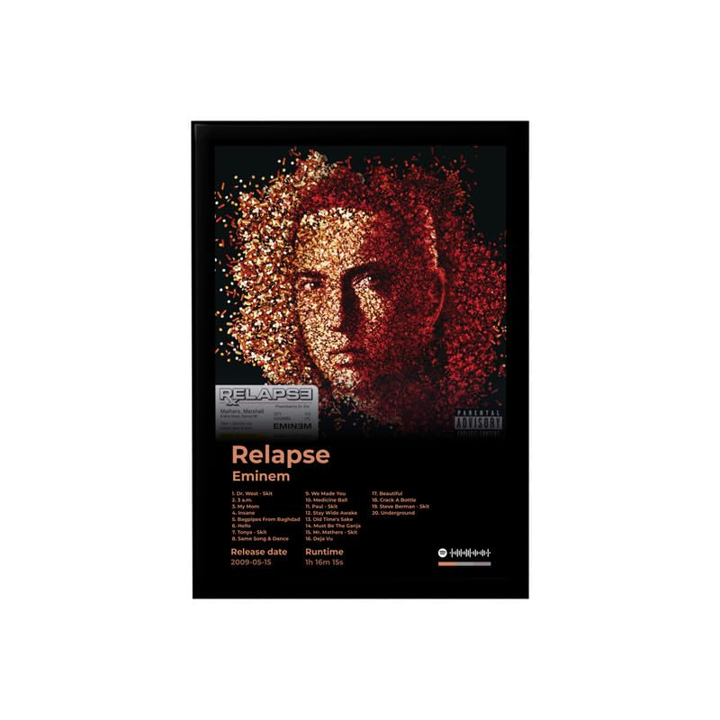 Image of BLINKART Eminem- Relapse Wall Photo Frames | Wall Art for Bedroom, Living Room, Studio or Office | Album Cover Print with Spotify Song Link QR Code | Gift for Fans - 8x12 In