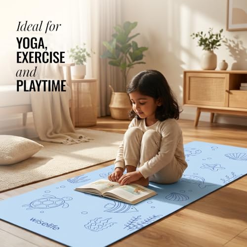 Image of Wiselife Kids Yoga Mat Non-Slip - Playtime For KIds 6mm Extra Thick, Soft, Easy to Fold, Anti Skid, Anti Slip (Blue)
