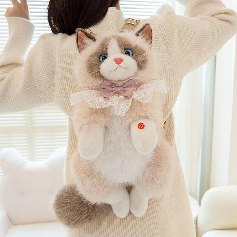 Image of This unique and adorable backpack is great for cat lovers and fashion | Experience the charm of our Realistic Stuffed Cat Shaped Backpack, designed to resemble a lifelike cat |