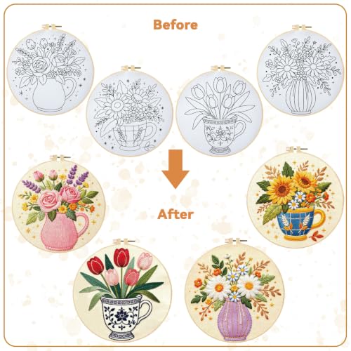Image of BEUNITONE 4 Set Embroidery Kits for Beginners, Flower Arrangement Design with Pre-Stamped Pattern Craft Kits Include Instruction and Hoops, 7.9x7.9 Needlepoint Kits for Festival Gifts and Home Decor