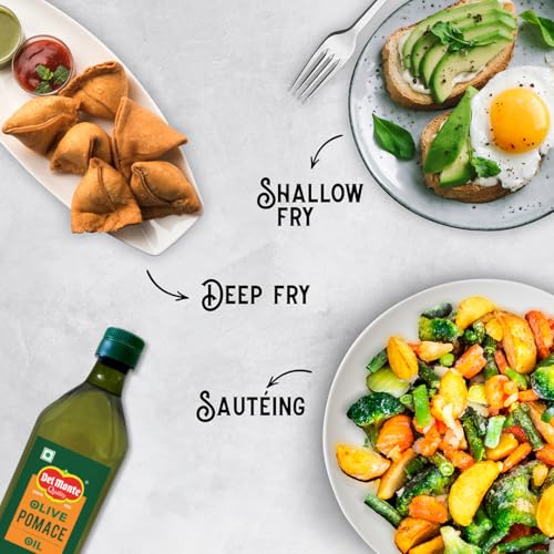 Image of Del Monte Pomace Olive Oil (Imported) | All-purpose everyday cooking oil for regular Indian cooking | Ideal for deep frying, roasting, baking | High MUFA & Low in Saturated Fat | Pomace Olive Oil, 500ml Pet Bottle