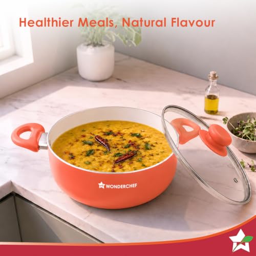 Image of Wonderchef Natura Ceramic Casserole & Glass Lid for Cooking, 24cm, 4.5L, Non-Toxic Chemical-Free Coating, PFOA /PFAS-Free, Scratch-Resistant, Gas & Induction Compatible, 2-Yr Warranty, Peach