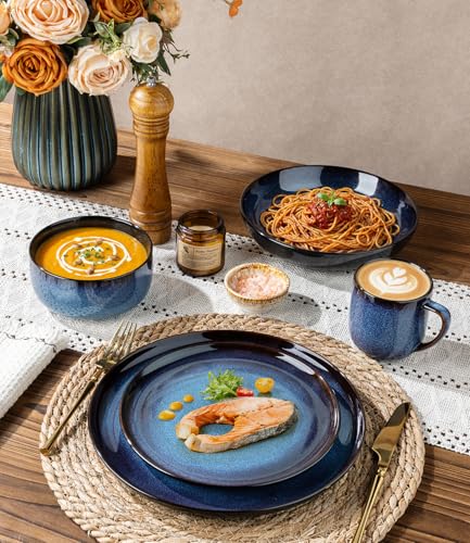 Image of LERATIO Ceramic Dinnerware Sets for 4,16-Piece Reactive Glaze Plates and Bowls Set with Mugs,Highly Chip and Crack Resistant | Dishwasher,Microwave & Oven Safe Dishes set-Blue