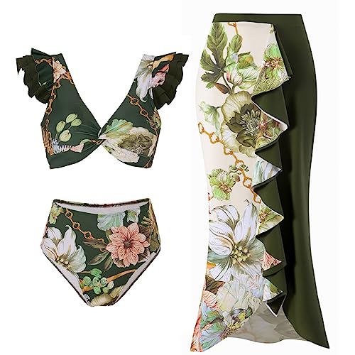 Maillot de bain à volants avec jupe de plage en chiffon vert taille XL pour femme