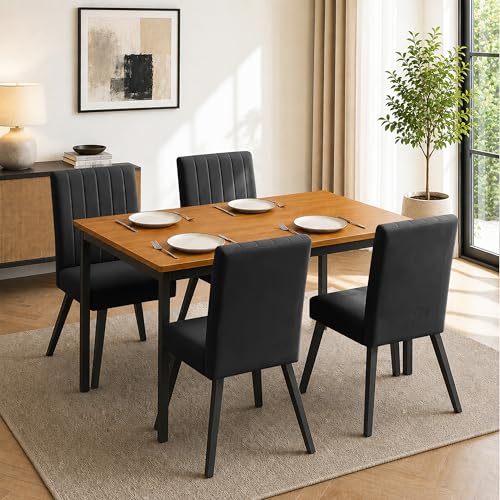 Image of Rosebell Set of 4 Dining Table Chairs with Wooden Top Table, Upholstered Cushioned Chairs, Modern Compact Dining Set for Home, Kitchen & Dining Room (Black)